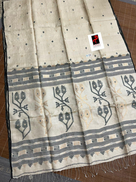 Tusser silk traditional handwoven jamdani saree with black silky border - Tamal Boutique
