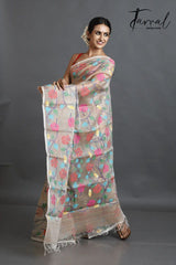Beige Handwoven Muslin Jamdani Silk Saree with Multicolour Allover Hibiscus Motifs