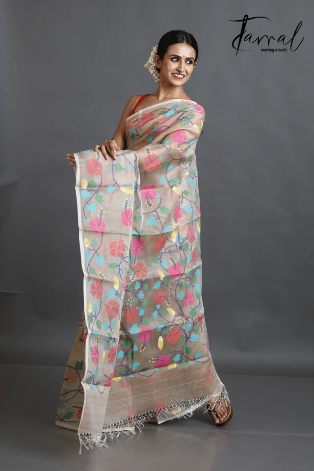 Beige Handwoven Muslin Jamdani Silk Saree with Multicolour Allover Hibiscus Motifs