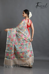 Beige Handwoven Muslin Jamdani Silk Saree with Multicolour Allover Hibiscus Motifs