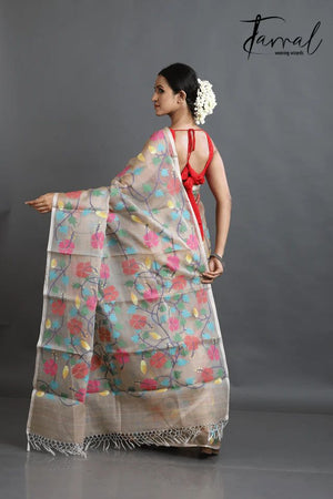 Beige Handwoven Muslin Jamdani Silk Saree with Multicolour Allover Hibiscus Motifs
