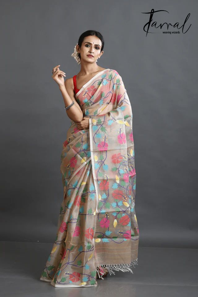 Beige Handwoven Muslin Jamdani Silk Saree with Multicolour Allover Hibiscus Motifs