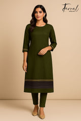 Bottle green with zari border tissue linen kurti & dupatta set