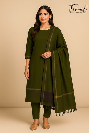 Bottle green with zari border tissue linen kurti & dupatta set