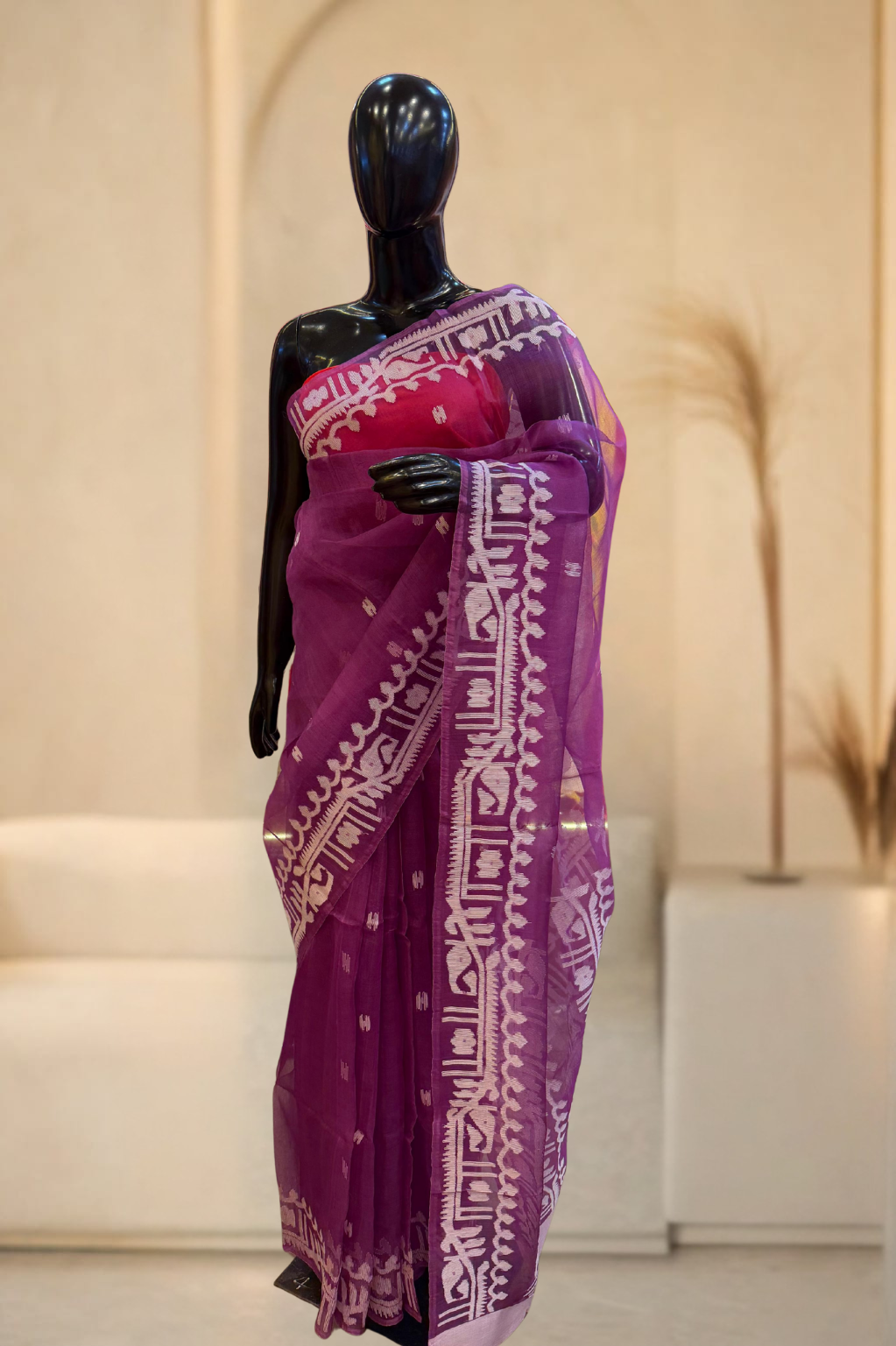 Onion Pink Muslin Silk Handwoven Jamdani Saree – Traditional Pattern | Silk Mark Certified