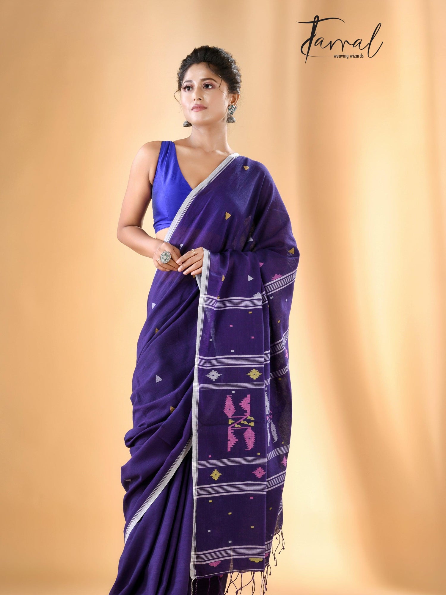Violet with white border pure cotton handwoven jamdani saree