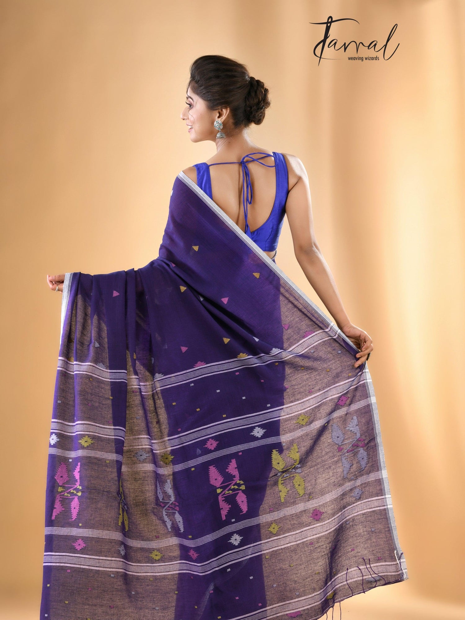 Violet with white border pure cotton handwoven jamdani saree