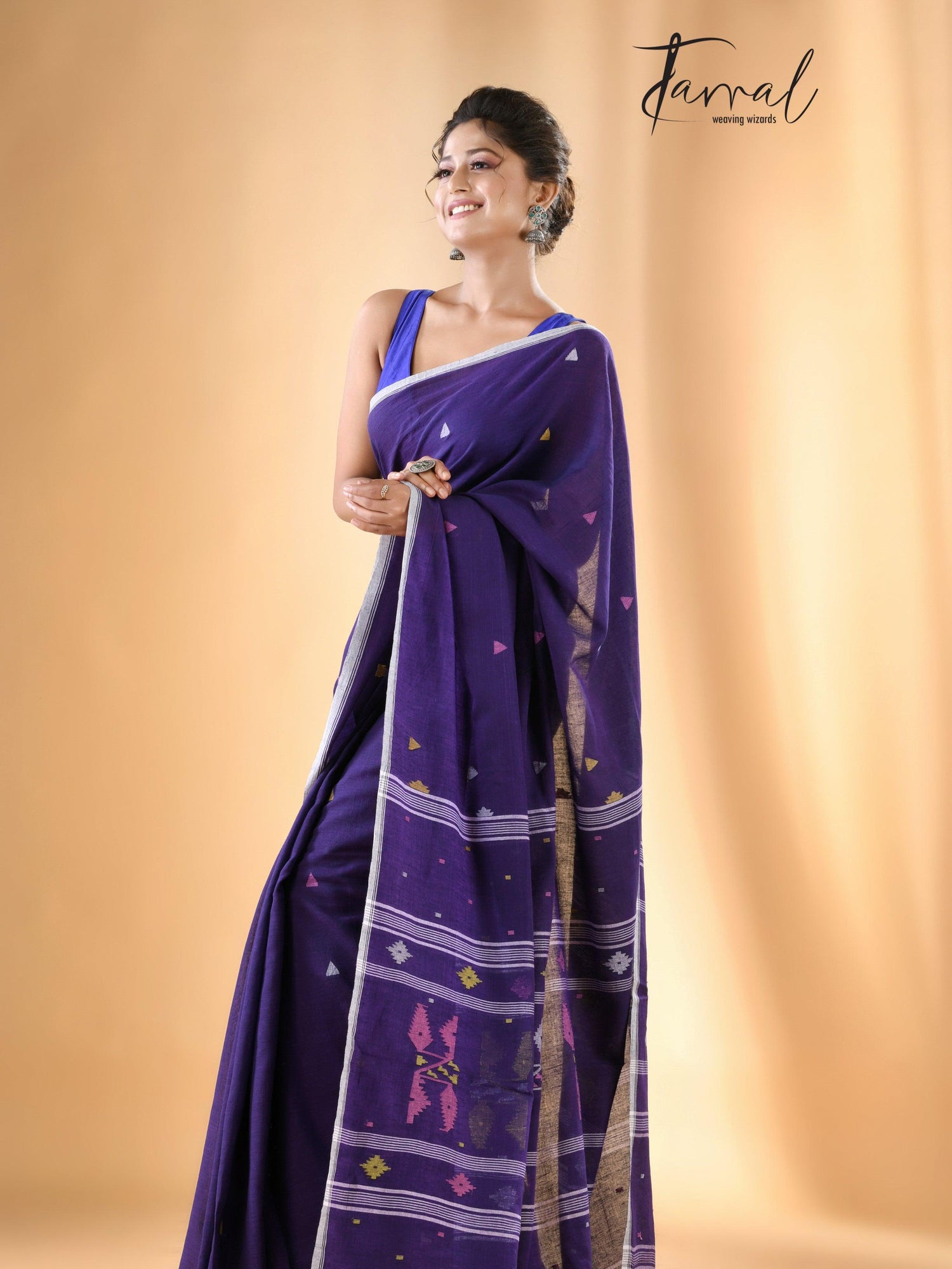 Violet with white border pure cotton handwoven jamdani saree