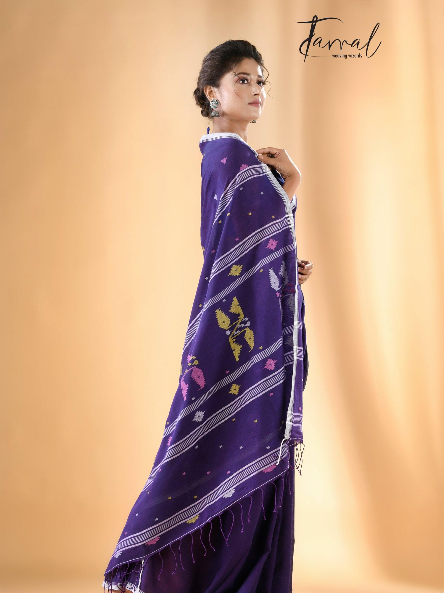 Violet with white border pure cotton handwoven jamdani saree