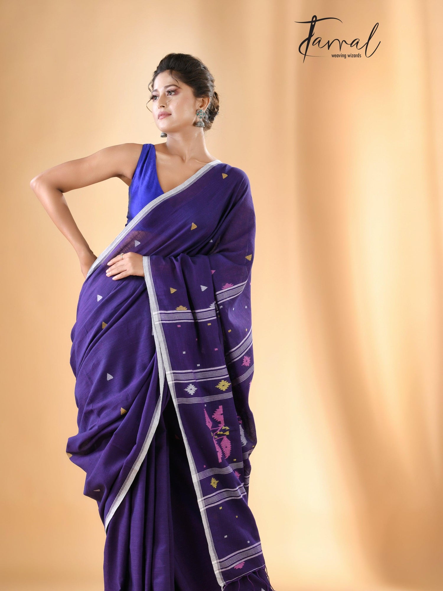 Violet with white border pure cotton handwoven jamdani saree