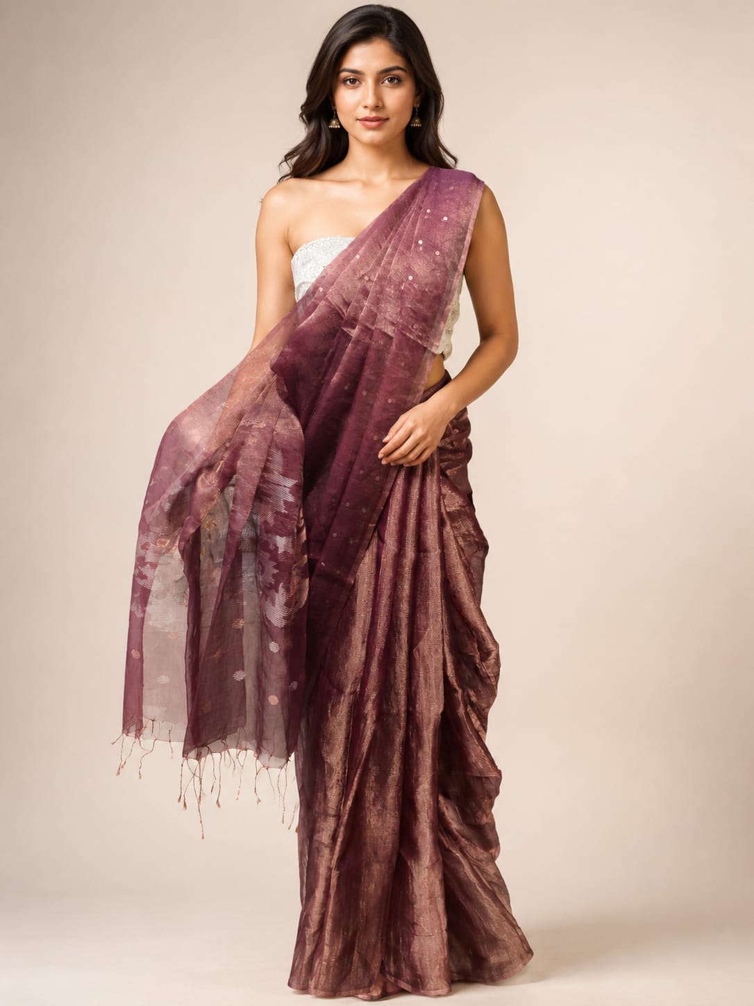Pure Tissue Muslin Silk Handwoven Jamdani Saree with Sequins – Brown