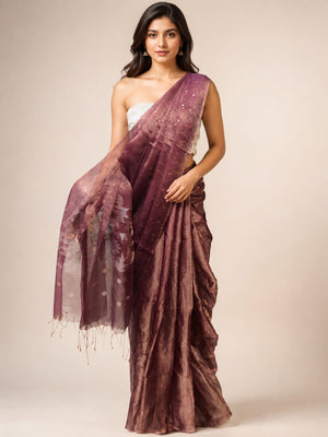 Pure Tissue Muslin Silk Handwoven Jamdani Saree with Sequins – Brown