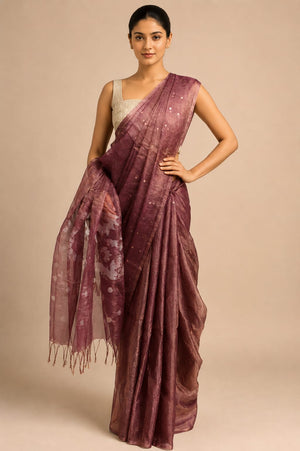 Pure Tissue Muslin Silk Handwoven Jamdani Saree with Sequins – Brown
