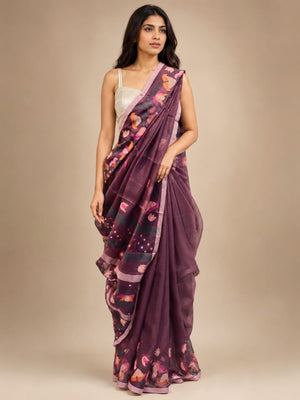 Pure & Premium Muslin Silk Handwoven Needlework Jamdani Saree – Deep Win