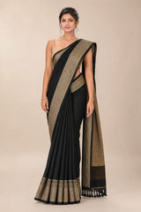 Cotton Linen Handloom Saree with Running Work Blouse Piece – Black
