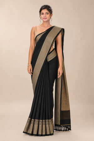 Cotton Linen Handloom Saree with Running Work Blouse Piece – Black