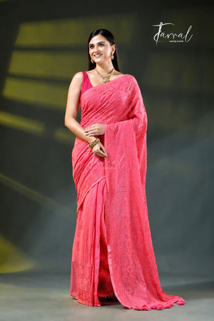 Coral pink mulmul cotton handloom embroidery saree