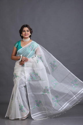 White Nilkontho floral motifs muslin silk handwoven jamdani saree - Tamal Boutique