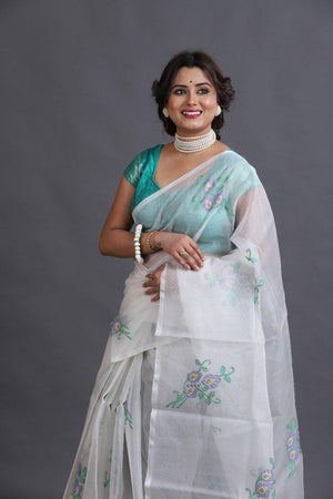 White Nilkontho floral motifs muslin silk handwoven jamdani saree - Tamal Boutique