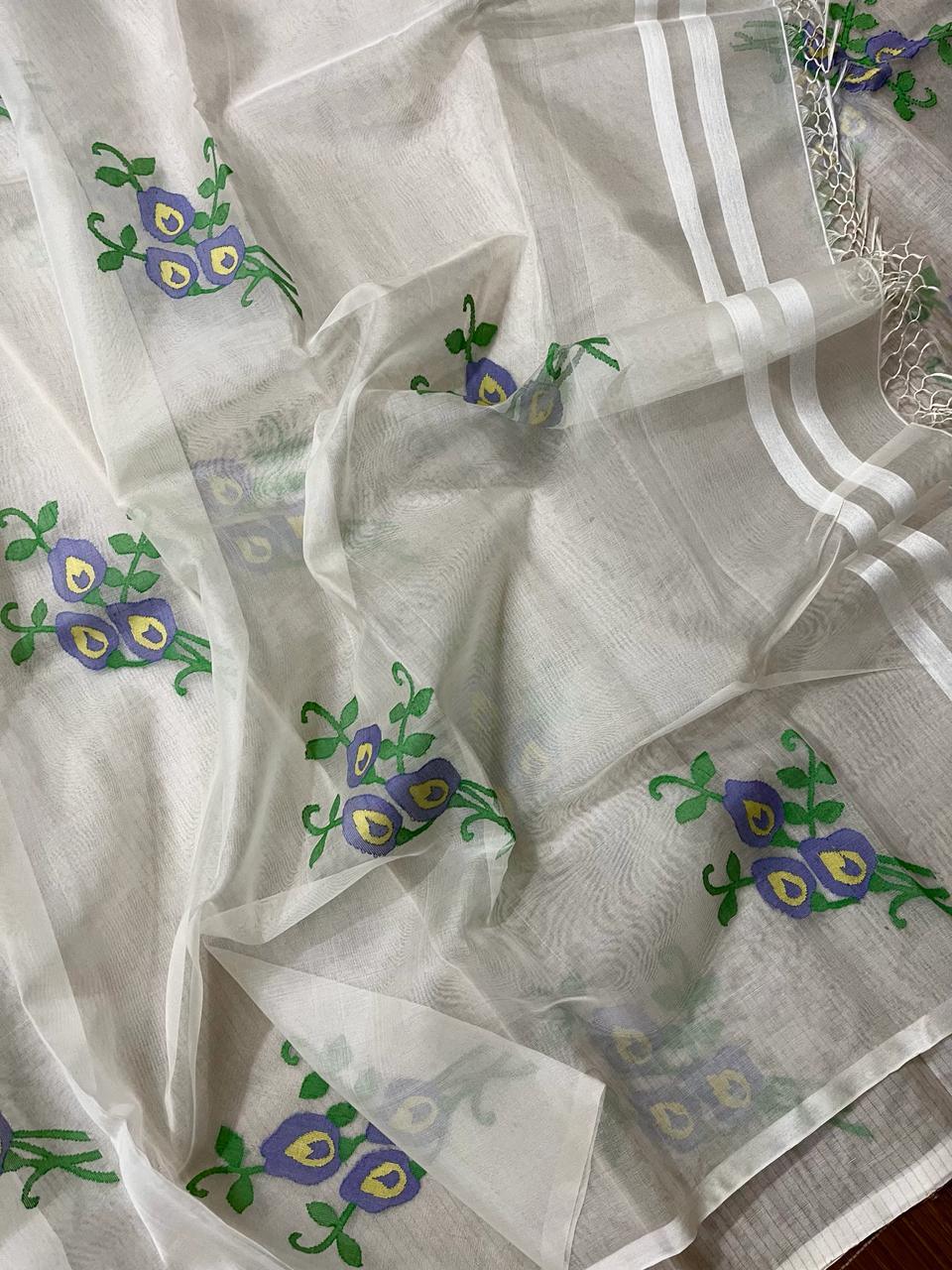White Nilkontho floral motifs muslin silk handwoven jamdani saree - Tamal Boutique