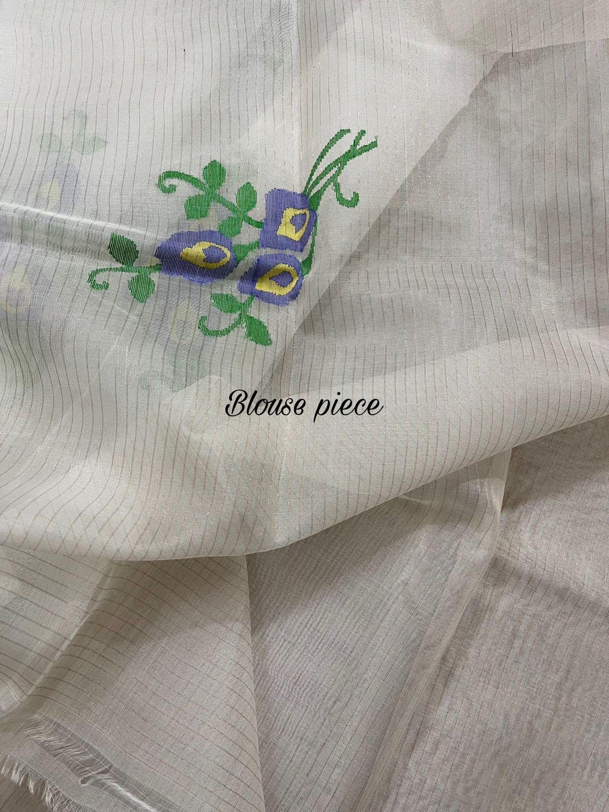 White Nilkontho floral motifs muslin silk handwoven jamdani saree - Tamal Boutique