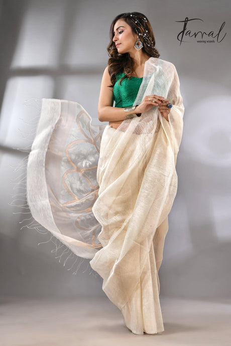 White Silk Linen Handwoven Jamdani Saree with Lotus Pallu