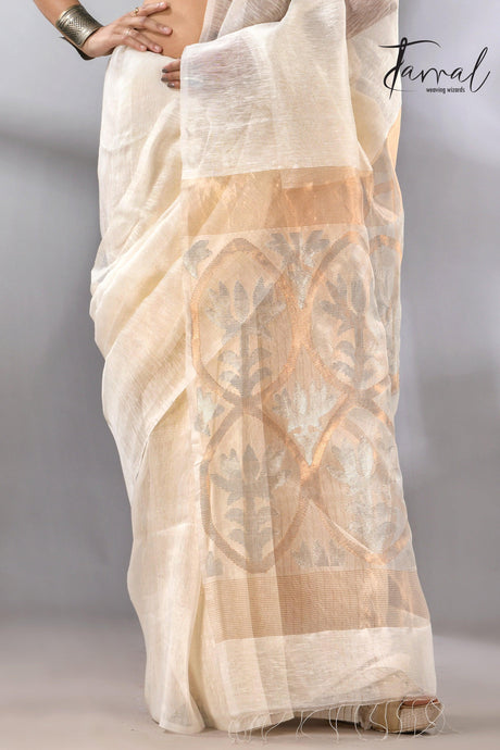 White Silk Linen Handwoven Jamdani Saree with Lotus Pallu bottom