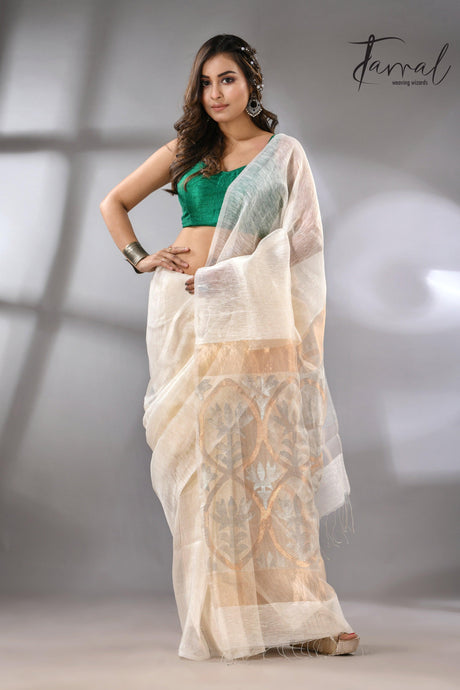 White Silk Linen Handwoven Jamdani Saree with Lotus Pallu full2
