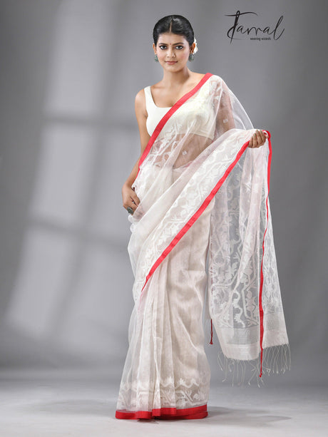 White With Red Border Handwoven Dhakai Jamdani In Muslin Silk