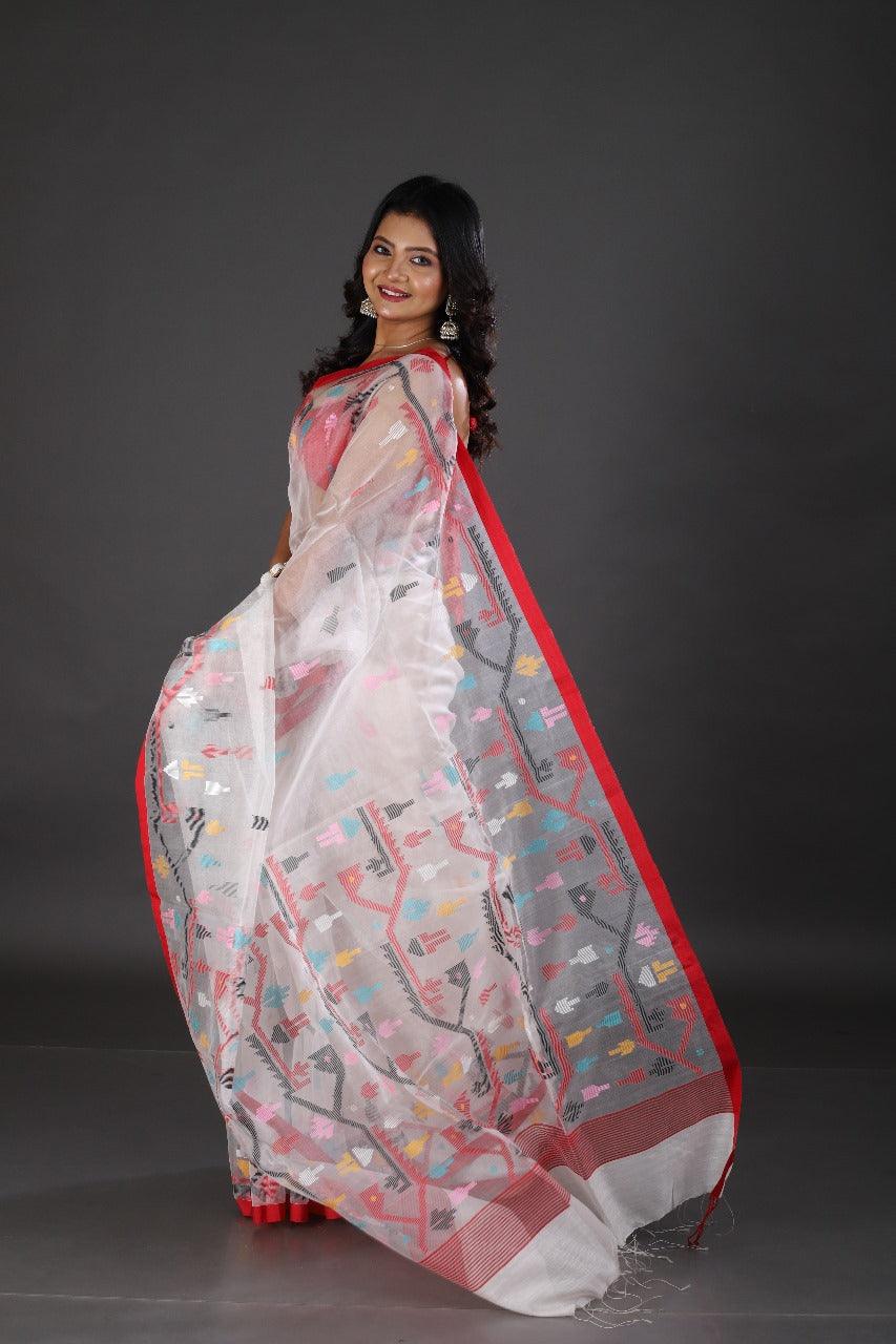White with red border and multicolour traditional handwoven muslin silk jamdani saree - Tamal Boutique