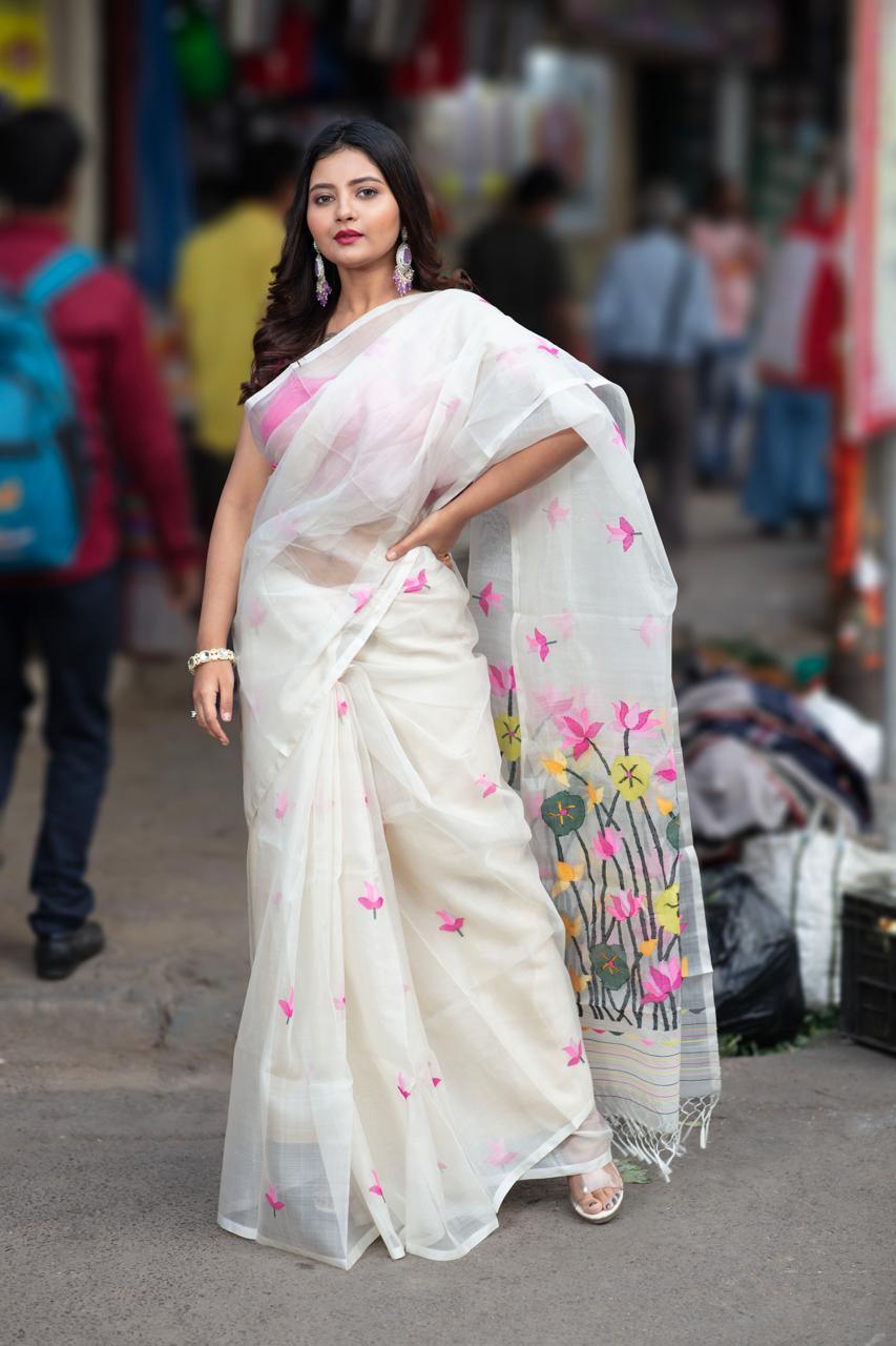 White with multi colour lotus handwoven muslin silk jamdani saree - Tamal Boutique