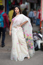White with multi colour lotus handwoven muslin silk jamdani saree - Tamal Boutique