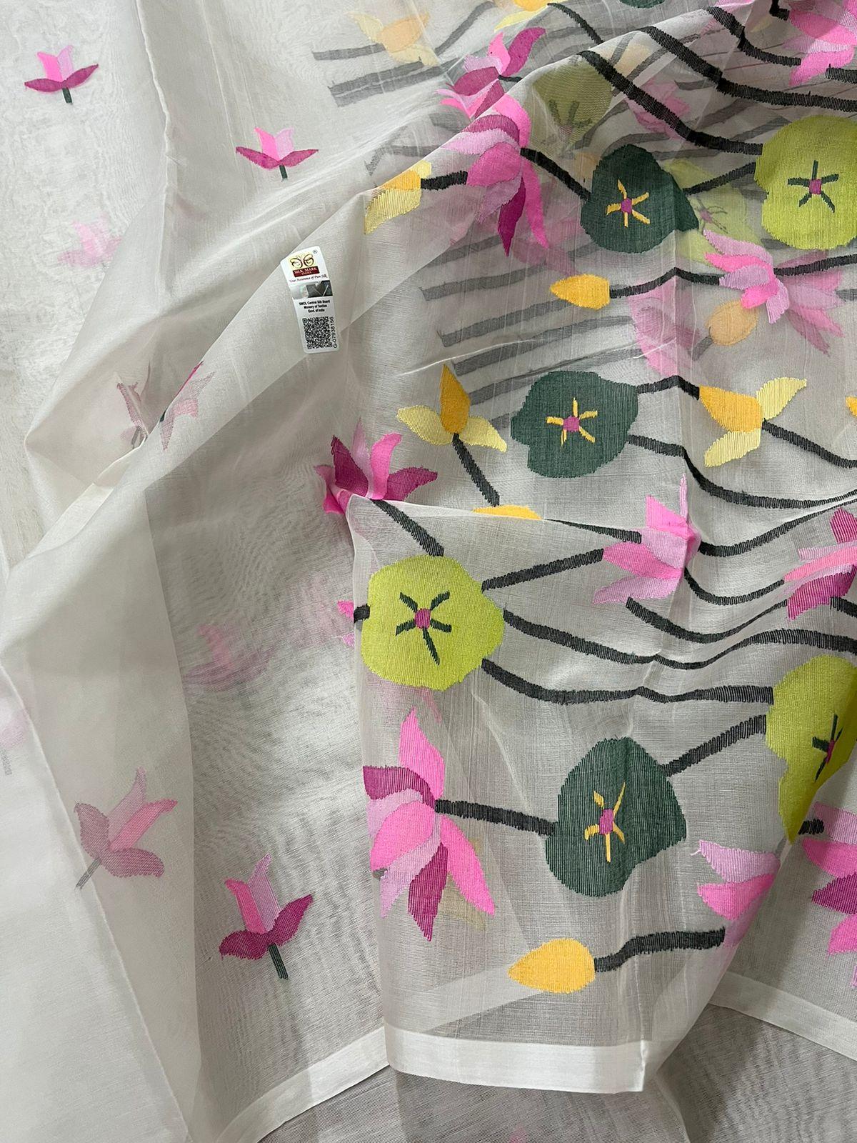 White with multi colour lotus handwoven muslin silk jamdani saree - Tamal Boutique