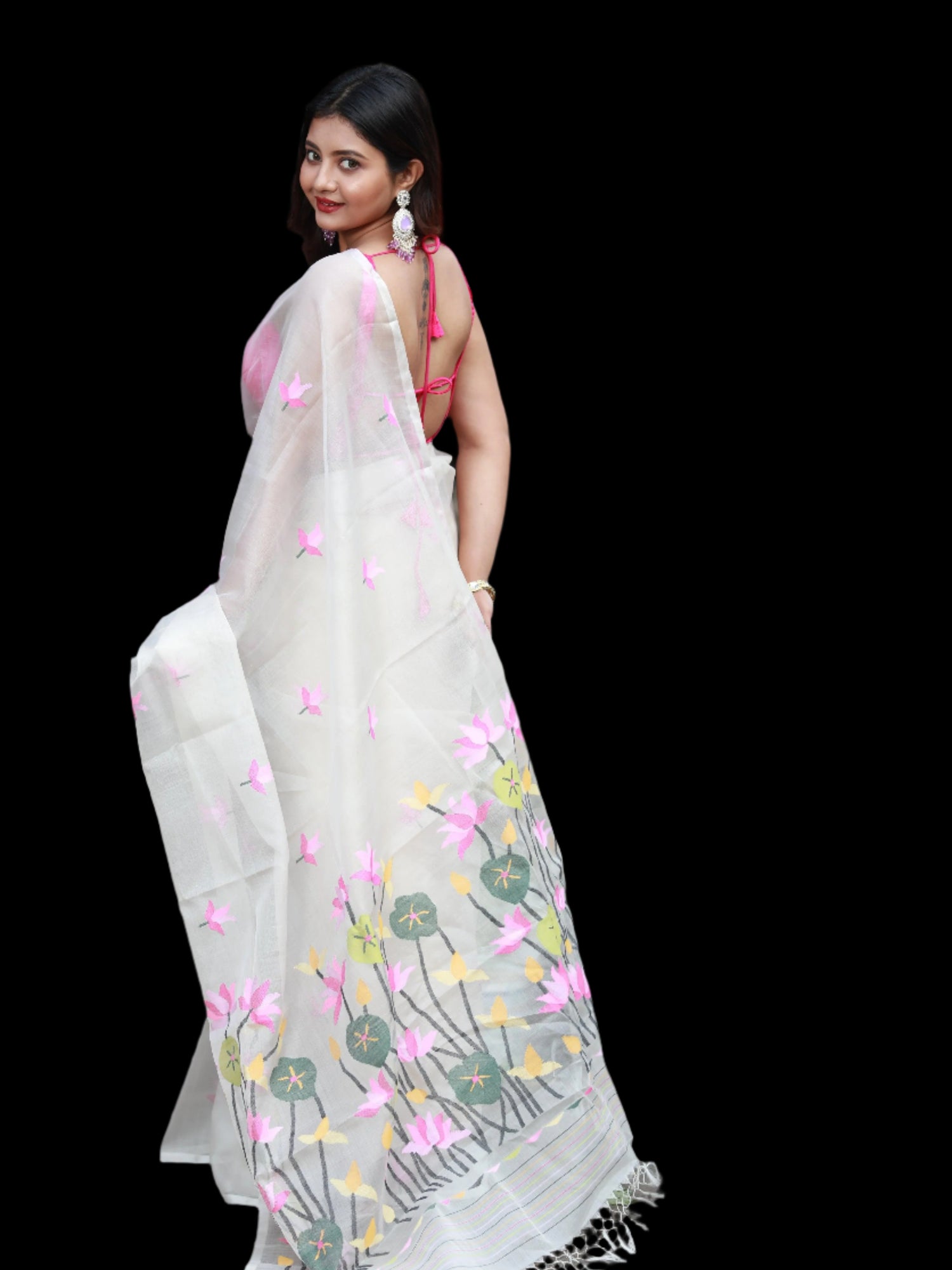 White lotus handwoven muslin silk jamdani saree full