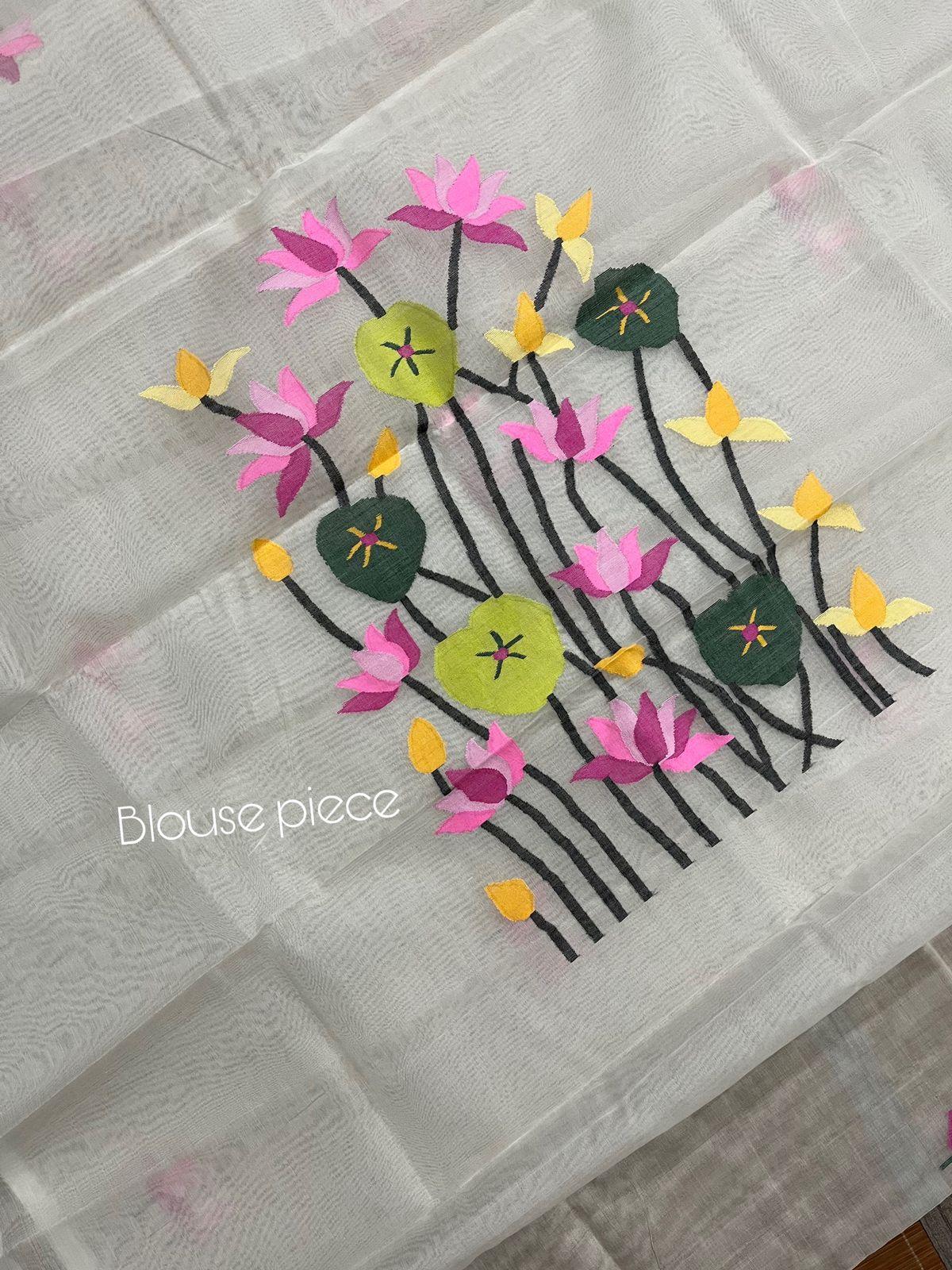 White with multi colour lotus handwoven muslin silk jamdani saree - Tamal Boutique