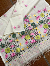 White with multi colour lotus handwoven muslin silk jamdani saree - Tamal Boutique