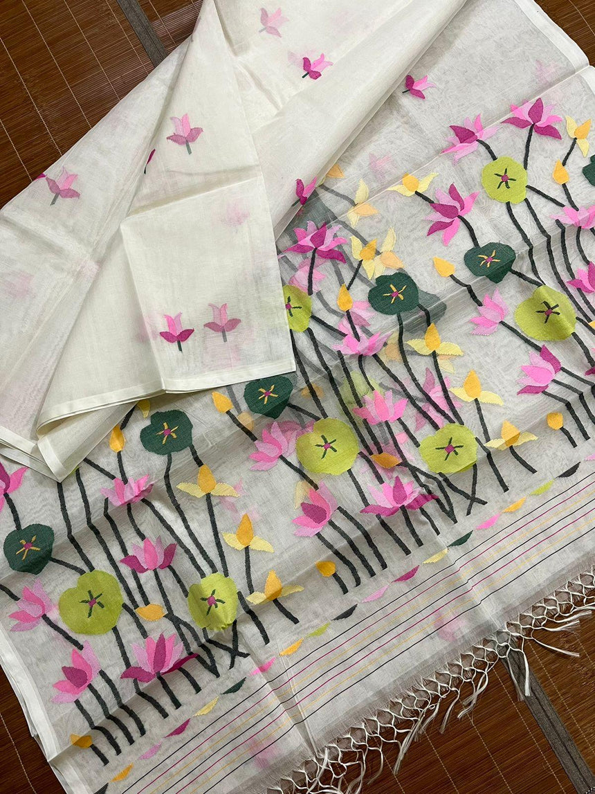 White with multi colour lotus handwoven muslin silk jamdani saree - Tamal Boutique