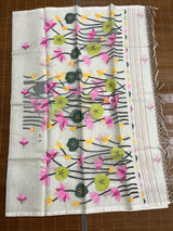White with multi colour lotus handwoven muslin silk jamdani saree - Tamal Boutique
