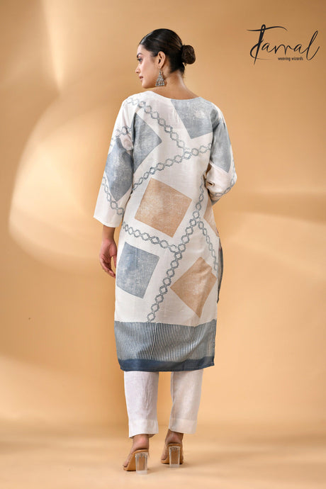 White diamond Batik motifs and Kantha stitch work pure silk kurti back