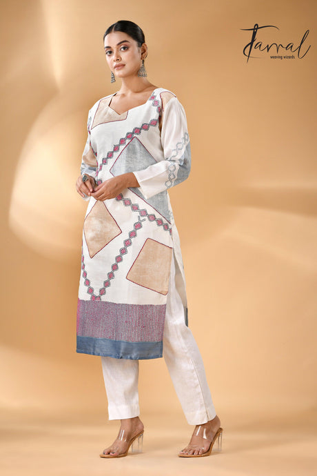 White diamond Batik motifs and Kantha stitch work pure silk kurti full