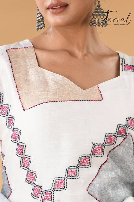 White diamond Batik motifs and Kantha stitch work pure silk kurti full3