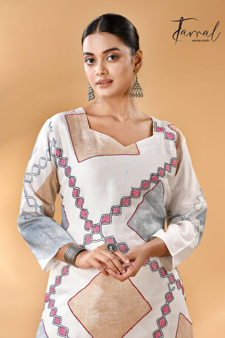 White diamond Batik motifs and Kantha stitch work pure silk kurti full4