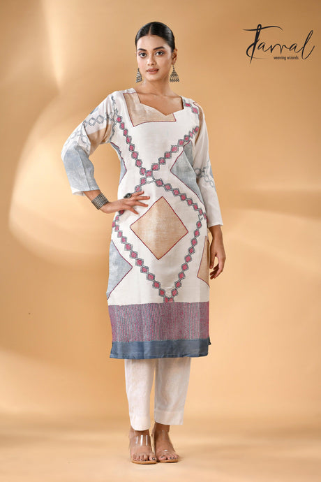 White diamond Batik motifs and Kantha stitch work pure silk kurti full5