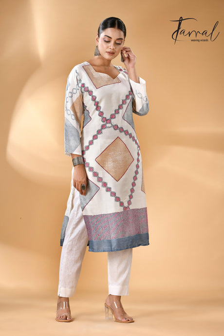 White diamond Batik motifs and Kantha stitch work pure silk kurti right