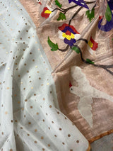 White with zari border organza silk paithani sequins handwoven jamdani saree - Tamal Boutique