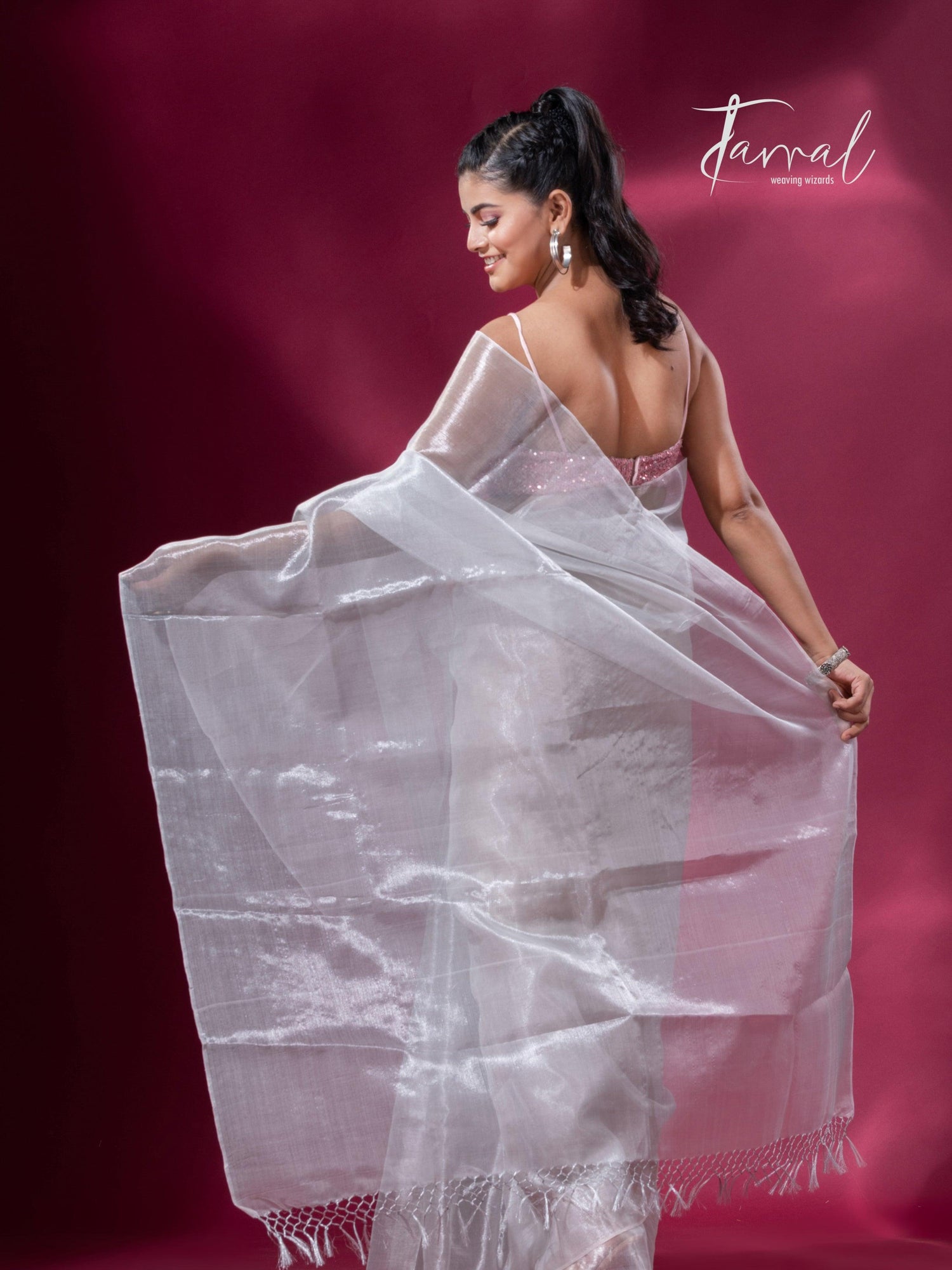 White organza silk tissue handloom saree - Tamal Boutique