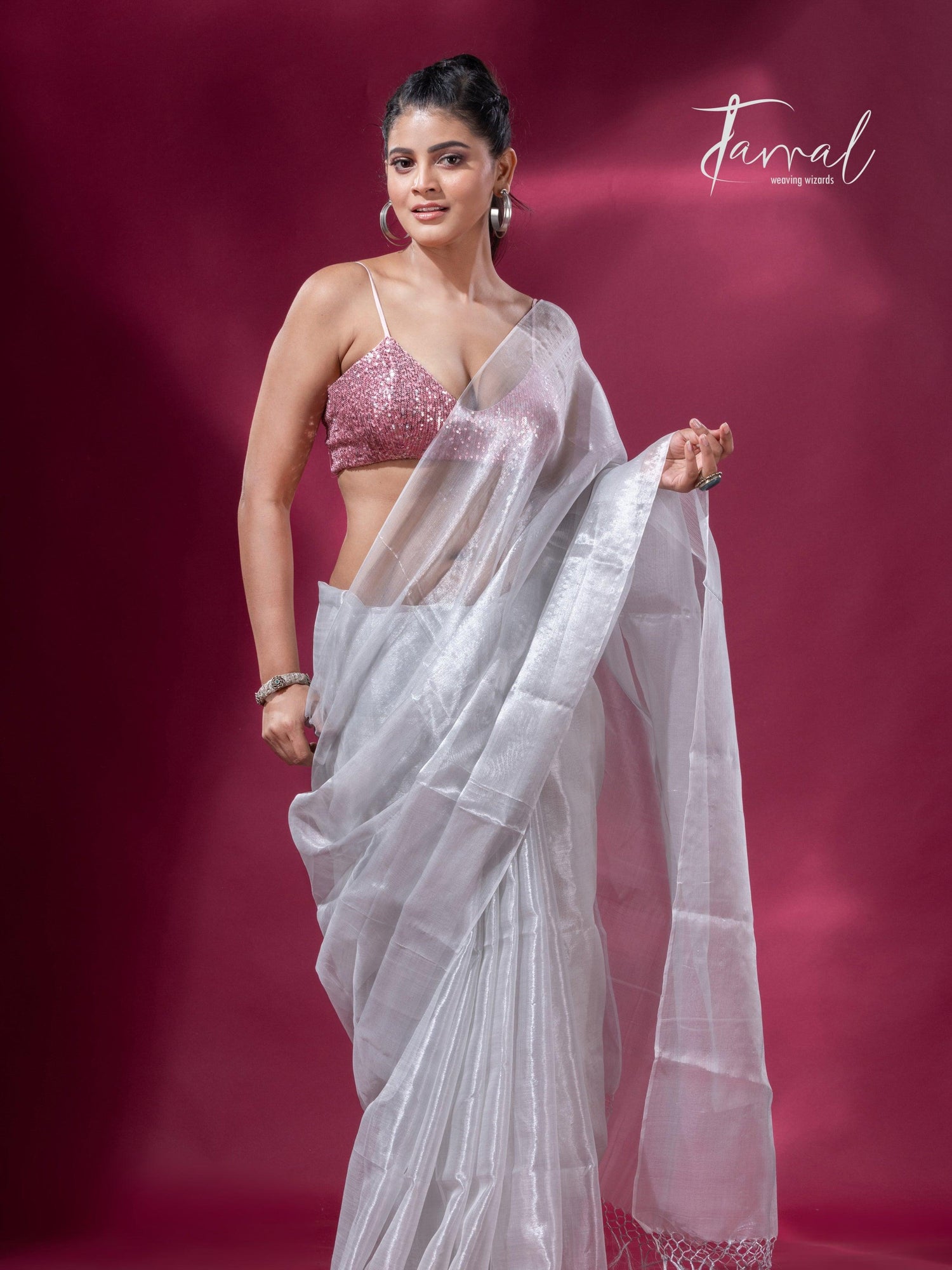 White organza silk tissue handloom saree - Tamal Boutique