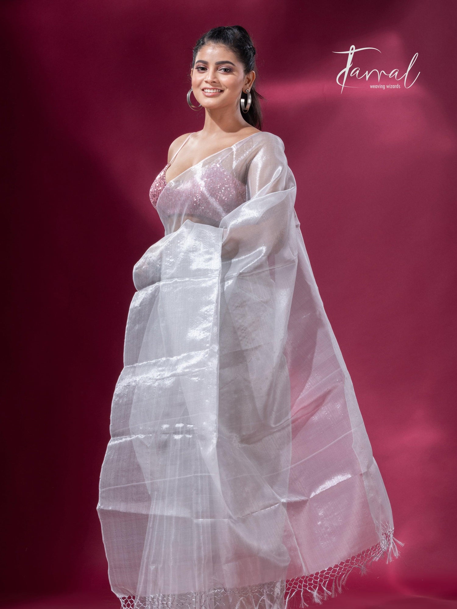 White organza silk tissue handloom saree - Tamal Boutique