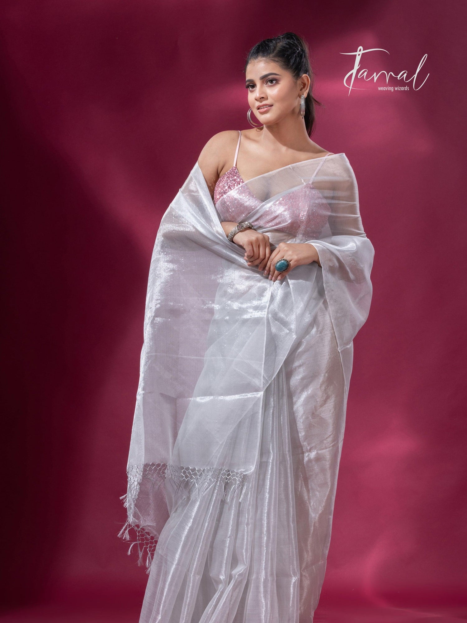White organza silk tissue handloom saree - Tamal Boutique