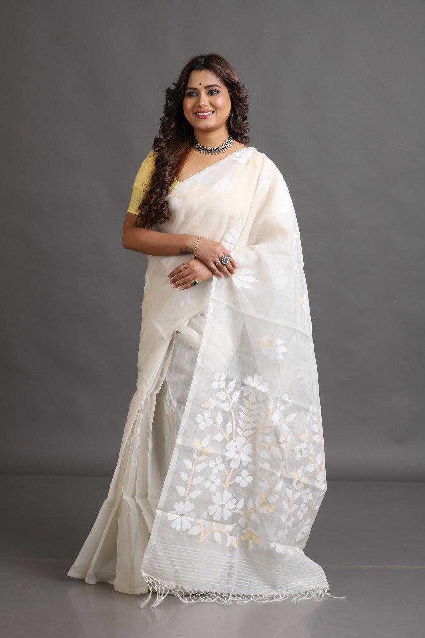 White self with beige colour floral handwoven muslin silk jamdani saree - Tamal Boutique